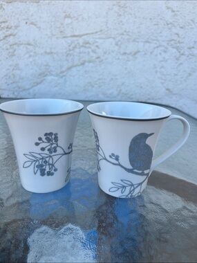 222 Fifth Fontana Porcelain Silver & Grey Bird On Branch White Mug Set of 2
